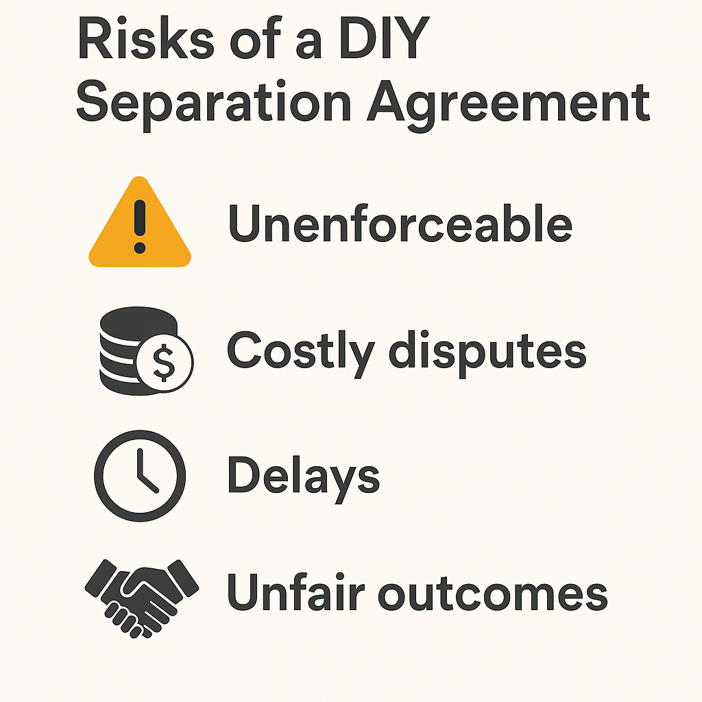 Risks of DIY Separation Agreement - Infographic showing risks of a DIY separation agreement: unenforceable, costly disputes, delays, and unfair outcomes.