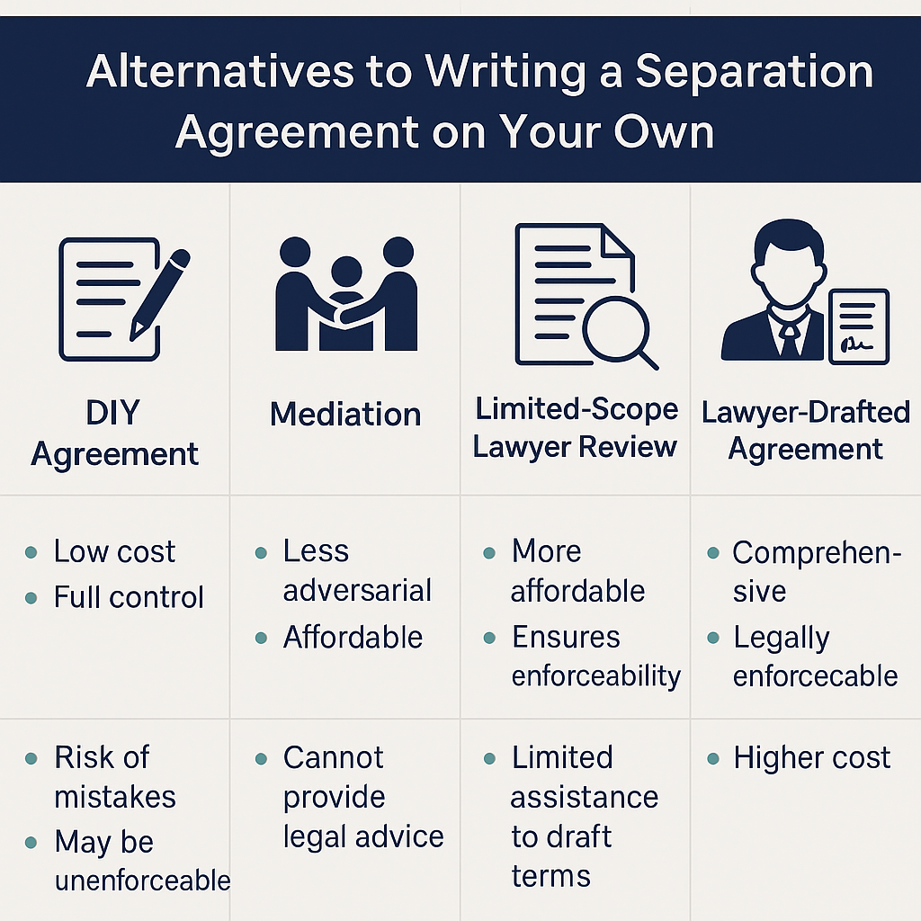Infographic comparing alternatives to writing a separation agreement without a lawyer, including DIY agreement, mediation, limited-scope lawyer Write your own separation agreement