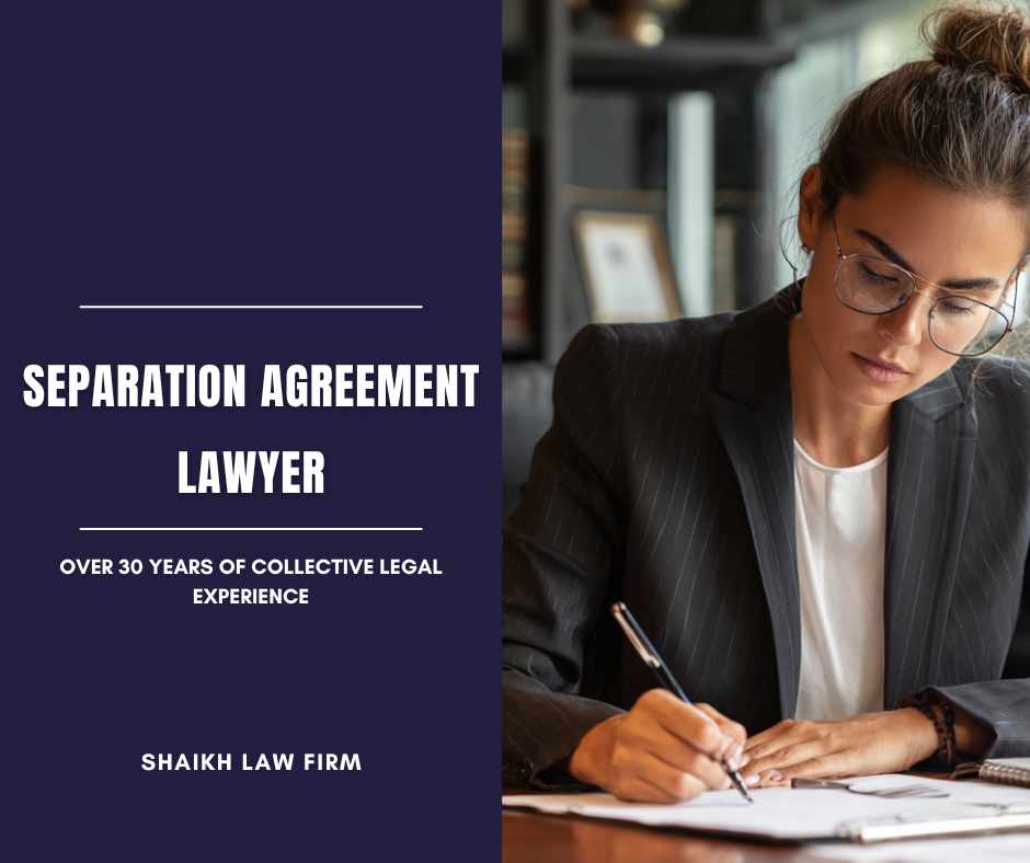 Separation Agreement Lawyer in Mississauga is reviewing and signing legal documents at her desk in a modern law office, representing Shaikh Law Firm’s professional legal services.