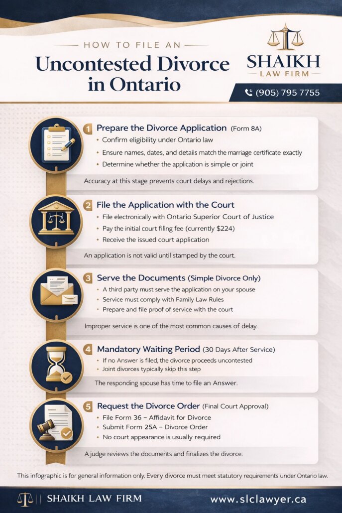 Infographic showing the 5-step process for an uncontested divorce in Ontario: from filing Form 8A to the final judge's order at Shaikh Law Firm.