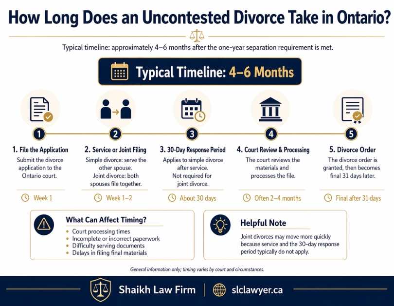 Uncontested divorce timeline in Ontario showing the 4 to 6 month process from filing Form 8A to final Divorce Order — Shaikh Law Firm