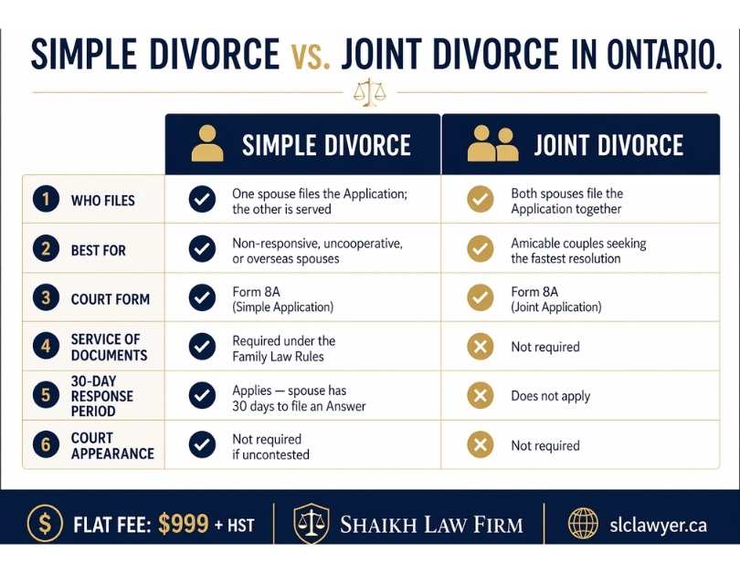 Simple Divorce vs. Joint Divorce in Ontario comparison chart — Shaikh Law Firm