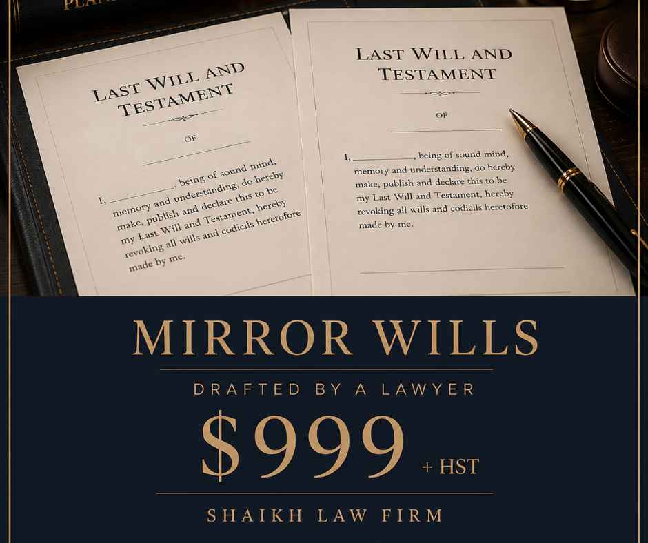 Cost of Mirror wills in Ontario $999 + HST