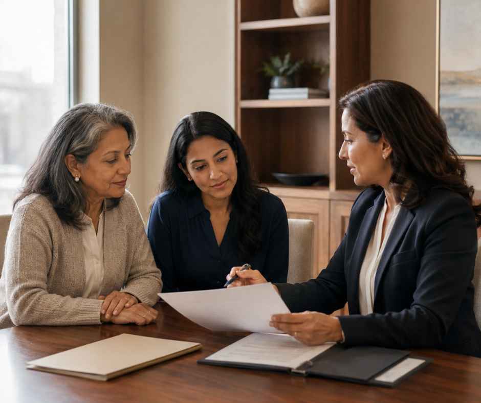 Ontario lawyer discussing Powers of Attorney with a client and her family member.