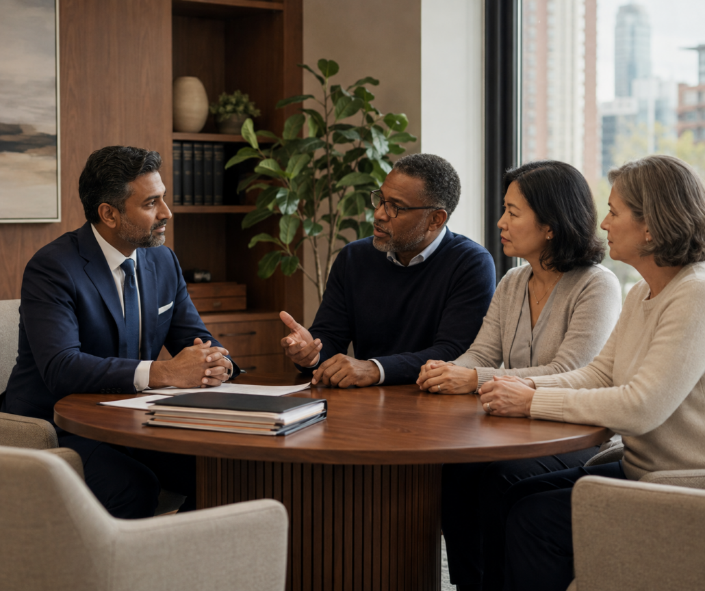 Ontario probate lawyer meeting with estate trustees and family members.