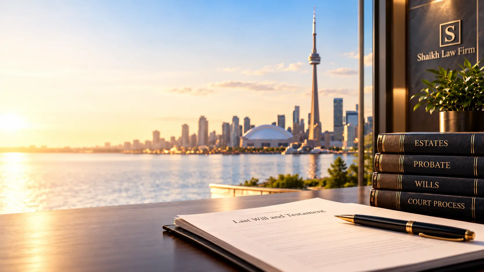 Probate Lawyer toronto - Estate law books and a Will overlooking the Toronto skyline